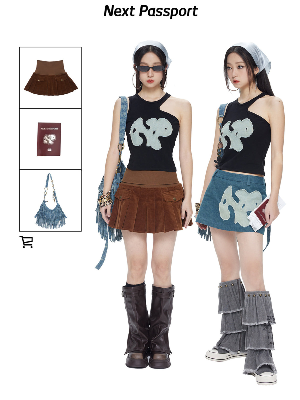 NEXT PASSPORT black-blue asymmetric appliqué cutout tank top — lookbook styling.