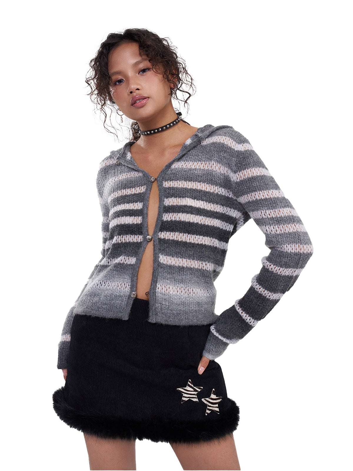 NEXT PASSPORT black corduroy faux-fur trim mini skirt — modeled close view