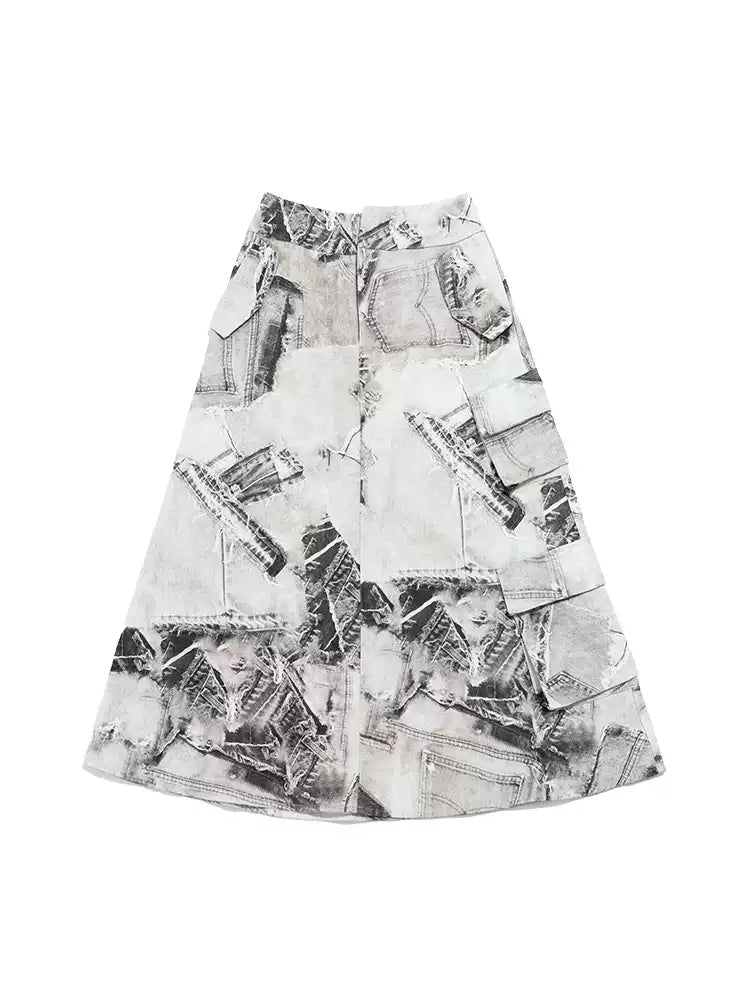 NEXT PASSPORT black-white denim-print maxi skirt — front flat-lay product view