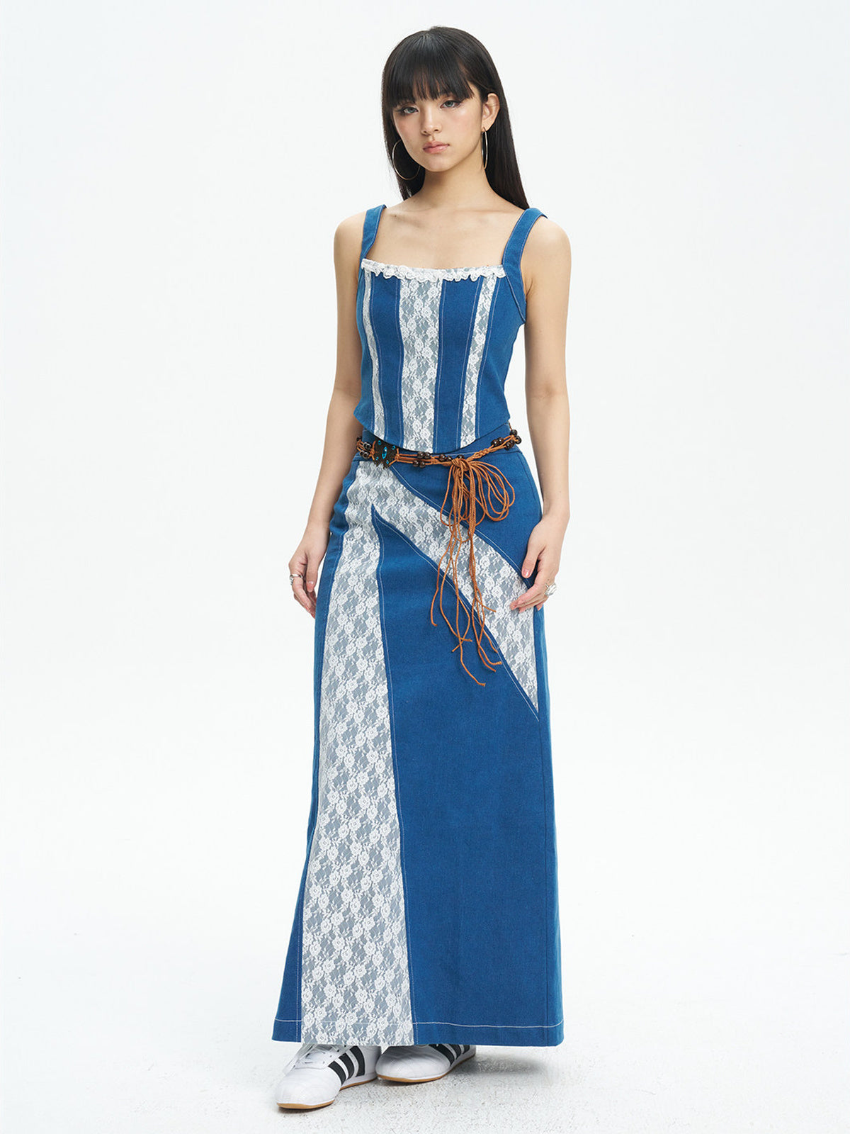 NEXT PASSPORT blue lace-panel denim vest — full angled look.