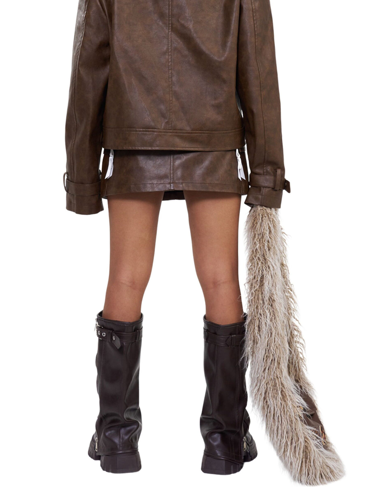 Brown distressed faux-leather moto jacket in a white-background back studio view