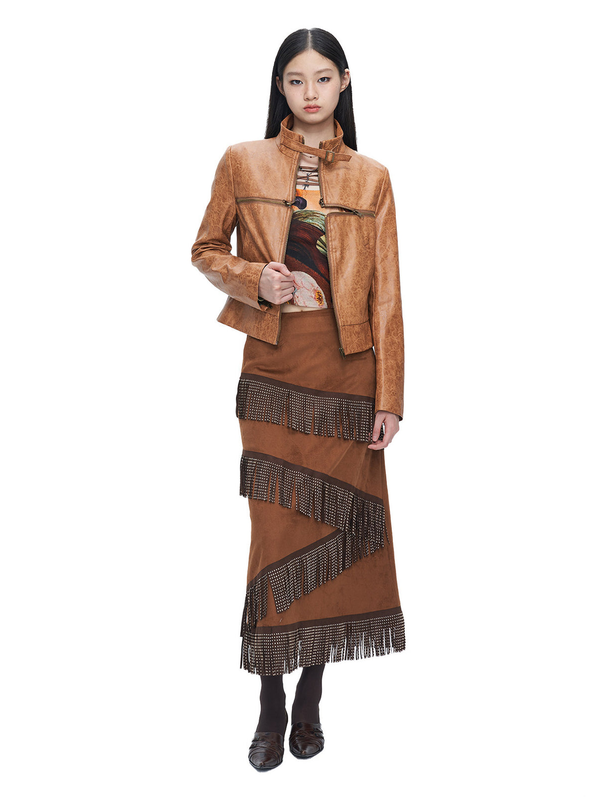 NEXT PASSPORT brown faux-suede fringe maxi skirt full look front view