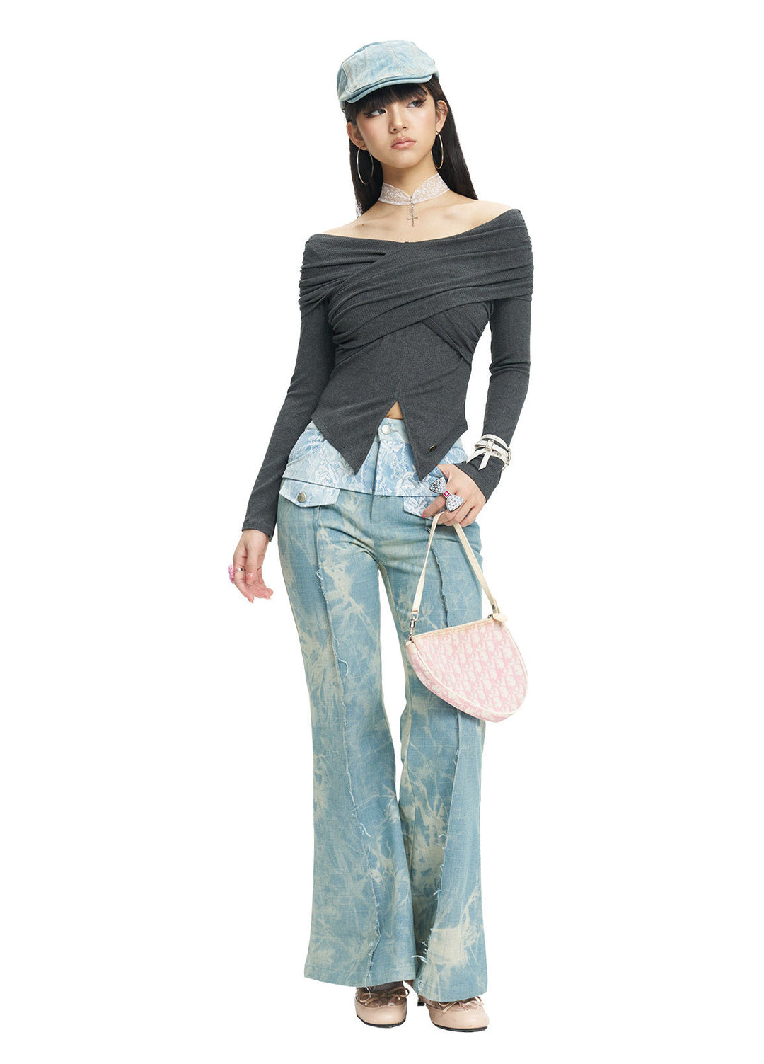 NEXT PASSPORT gray cross-pleated off-shoulder long-sleeve top styled full view