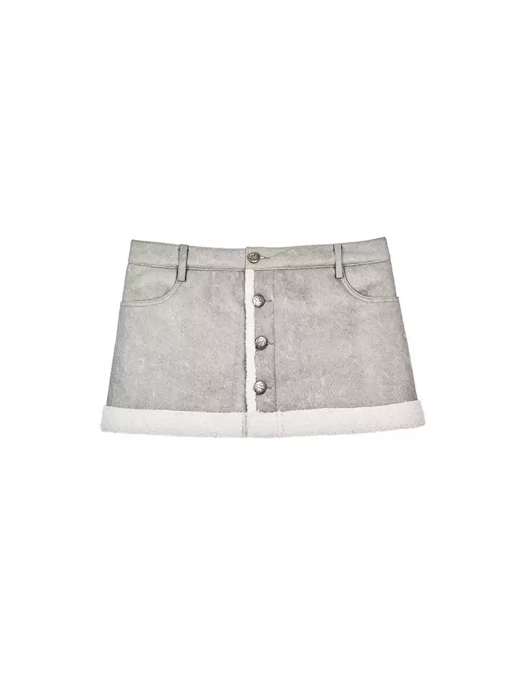 NEXT PASSPORT faux-shearling trim suede-effect mini skirt gray flat lay