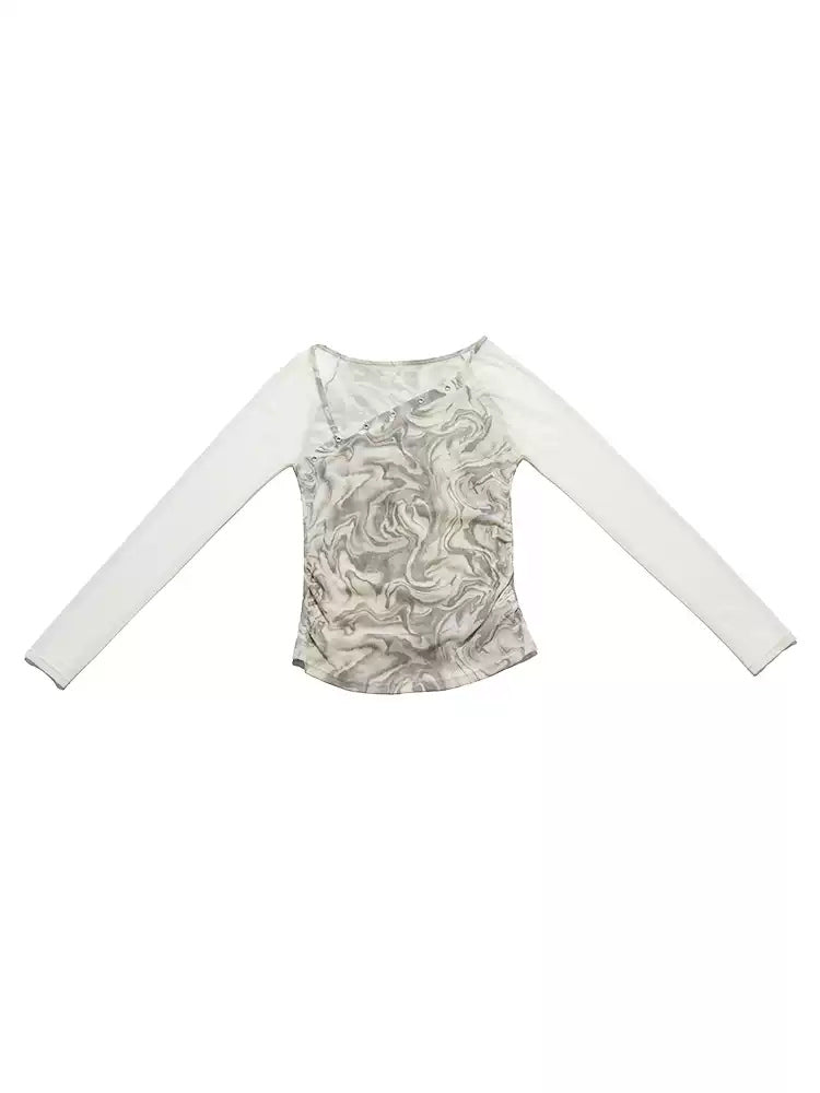 Flat-lay view of the NEXT PASSPORT light-gray marble-print diagonal-neck mesh top on a white background.