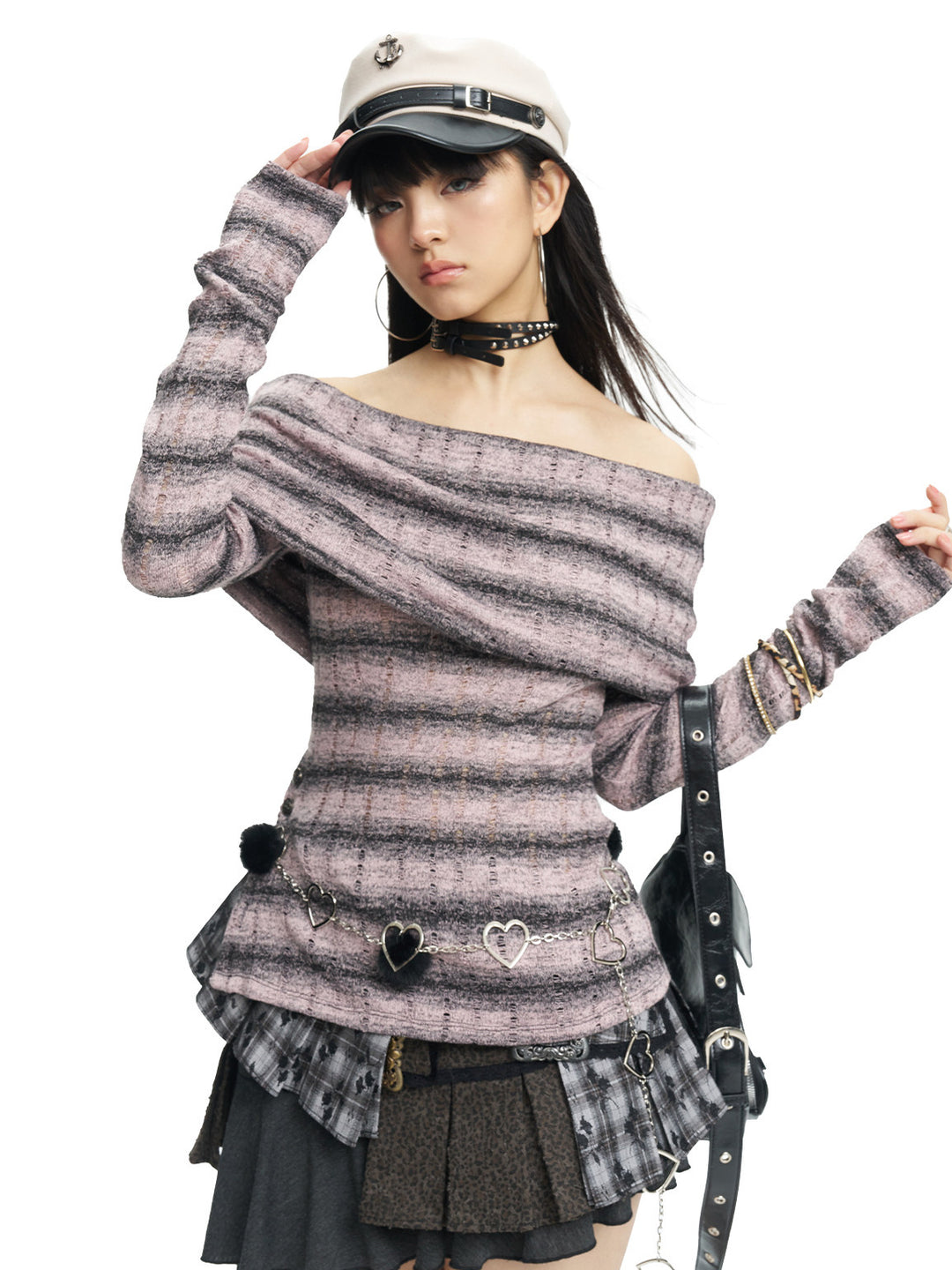 NEXT PASSPORT striped bardot side-slit fitted long-sleeve tee in PINK BLACK STRIPE, front three-quarter view