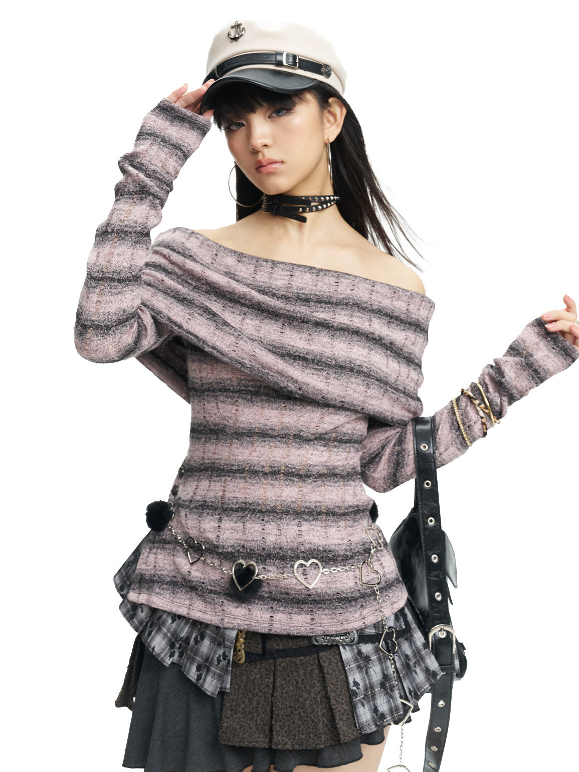 NEXT PASSPORT striped bardot side-slit fitted long-sleeve tee in PINK BLACK STRIPE, front three-quarter view