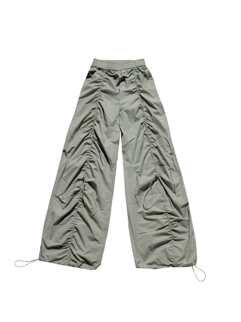 NEXT PASSPORT three-color ruched drawstring wide-leg pants in gray green, solo flat lay
