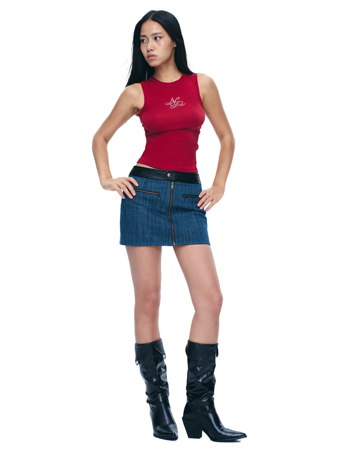NEXT PASSPORT blue-denim faux-leather waist zip mini skirt styled with a red tank.