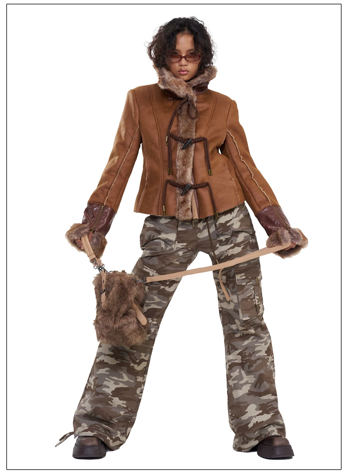 NEXT PASSPORT dark-brown rope-toggle shearling cropped jacket, white-background full-length standing pose