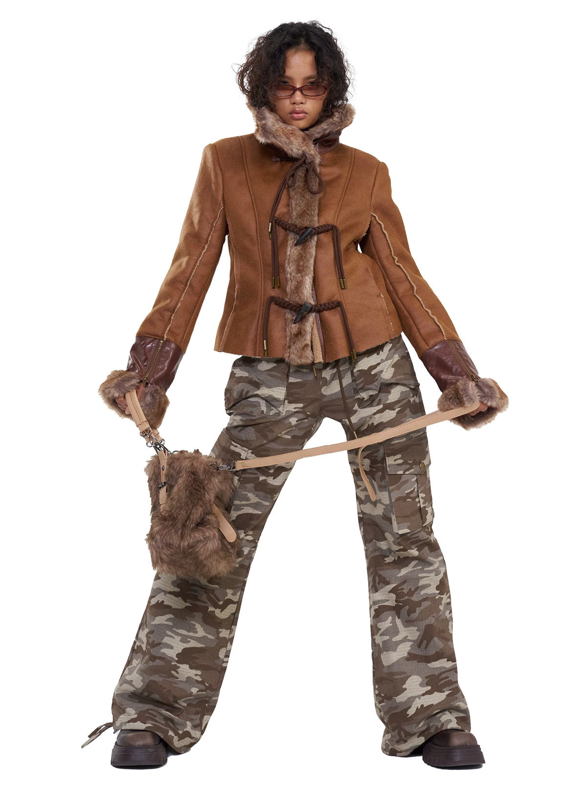 NEXT PASSPORT dark-brown rope-toggle shearling cropped jacket, white-background full-length standing pose