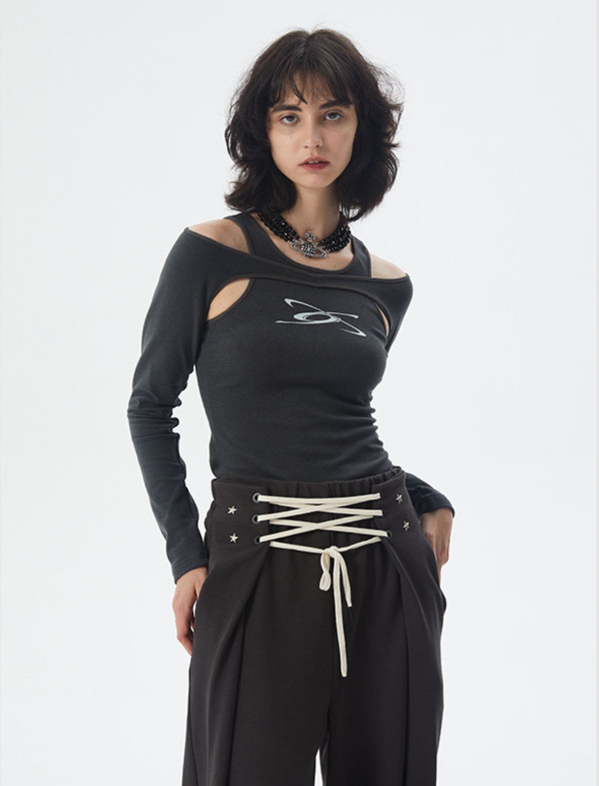 ERRORCODE ROBOT dark gray off-shoulder long-sleeve tee, front modeled view with fitted sleeves