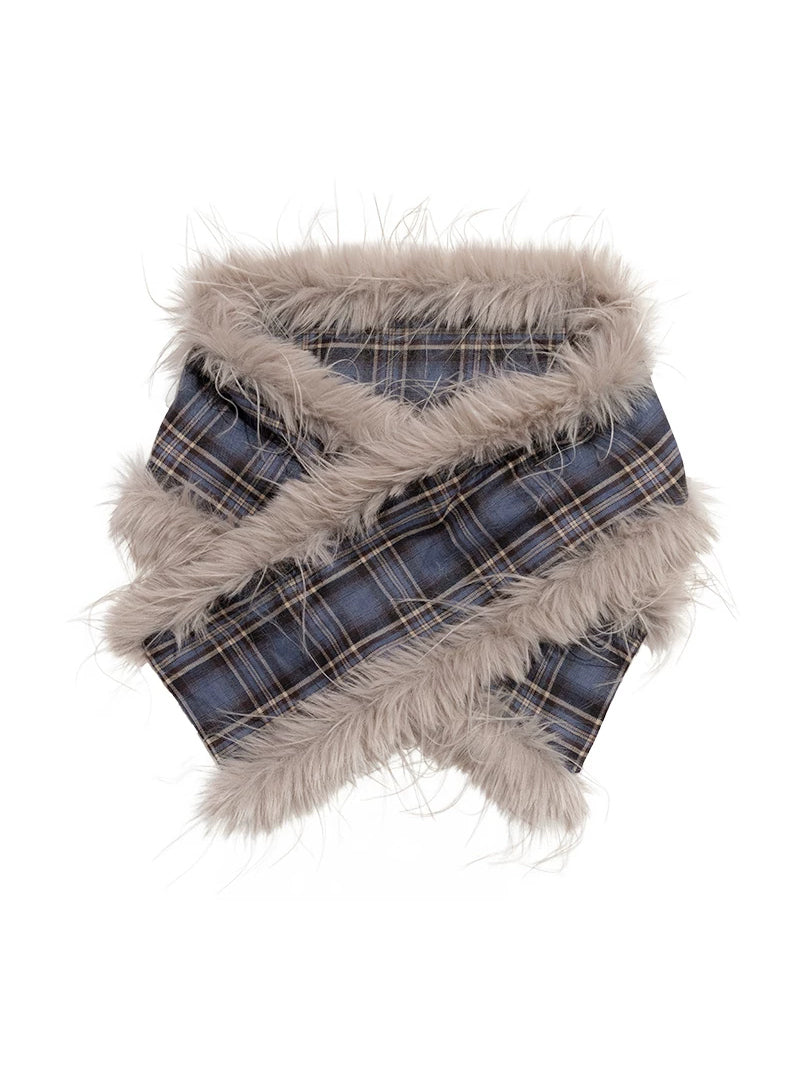 NEXT PASSPORT blue-purple plaid faux-fur scarf — garment-only product view on white