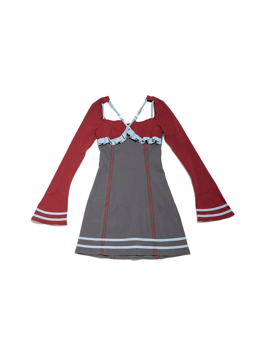 NEXT PASSPORT color-block ruffle square-neck mini dress — wine red flat lay