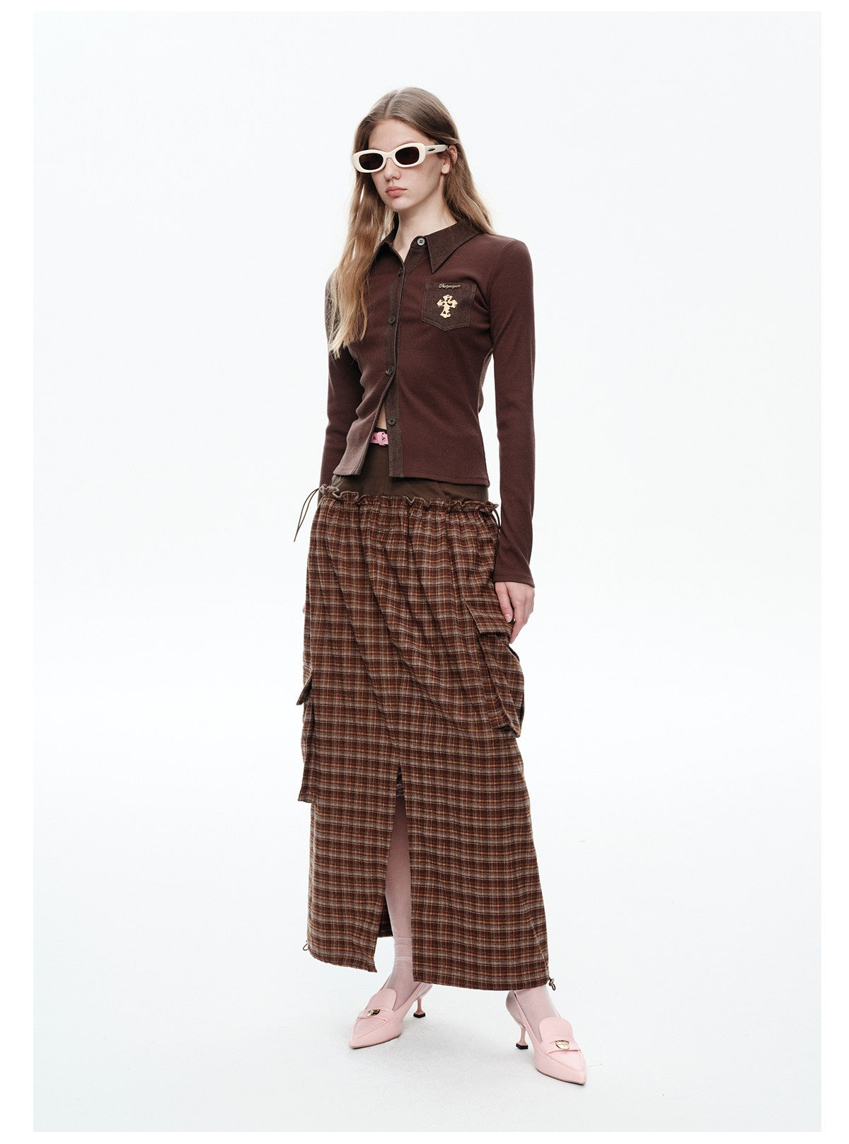 NEXT PASSPORT brown plaid faux-layered maxi skirt full look