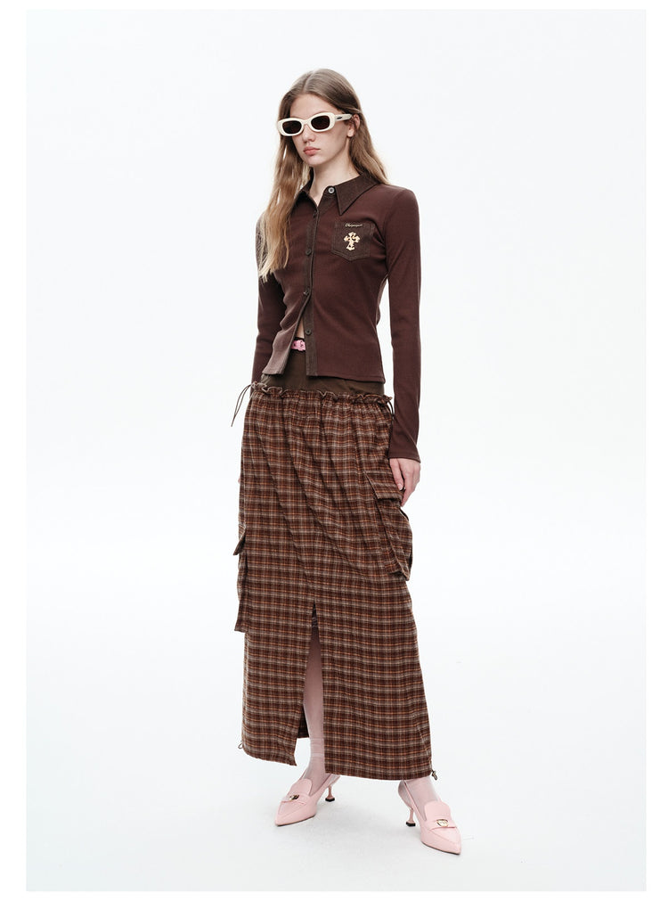 NEXT PASSPORT brown plaid faux-layered maxi skirt full look
