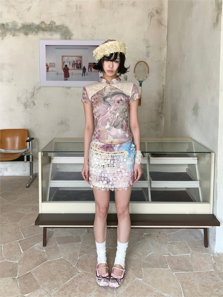 4RE1GN PINK REAPER lace-panel mandarin tee in pink multicolor — full-length front modeled view with arms relaxed