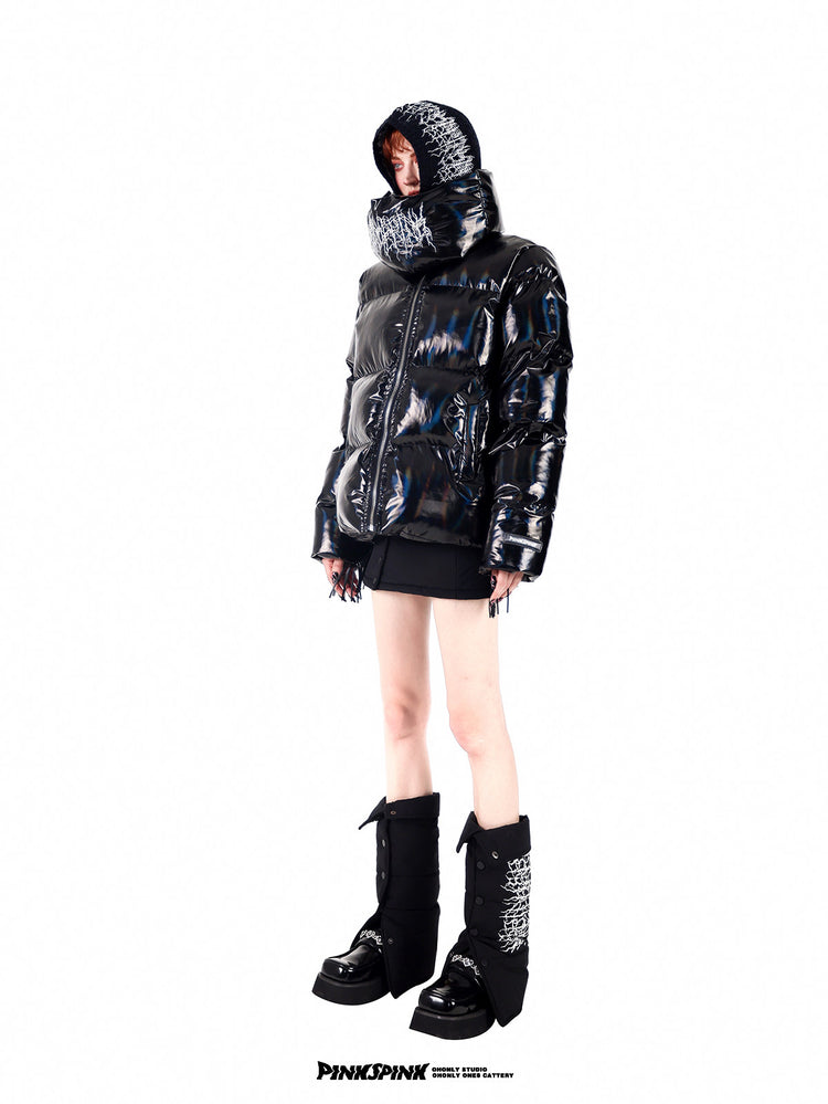 PINKSPINK ELECTRIC THORN embroidered knit balaclava in black — three-quarter full-length modeled view styled with a glossy fringed puffer