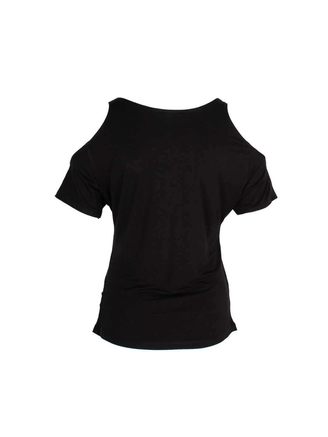 4RE1GN CROSS SCRIPT cold-shoulder tee in black — back garment-only view showing the plain back and shoulder cutouts
