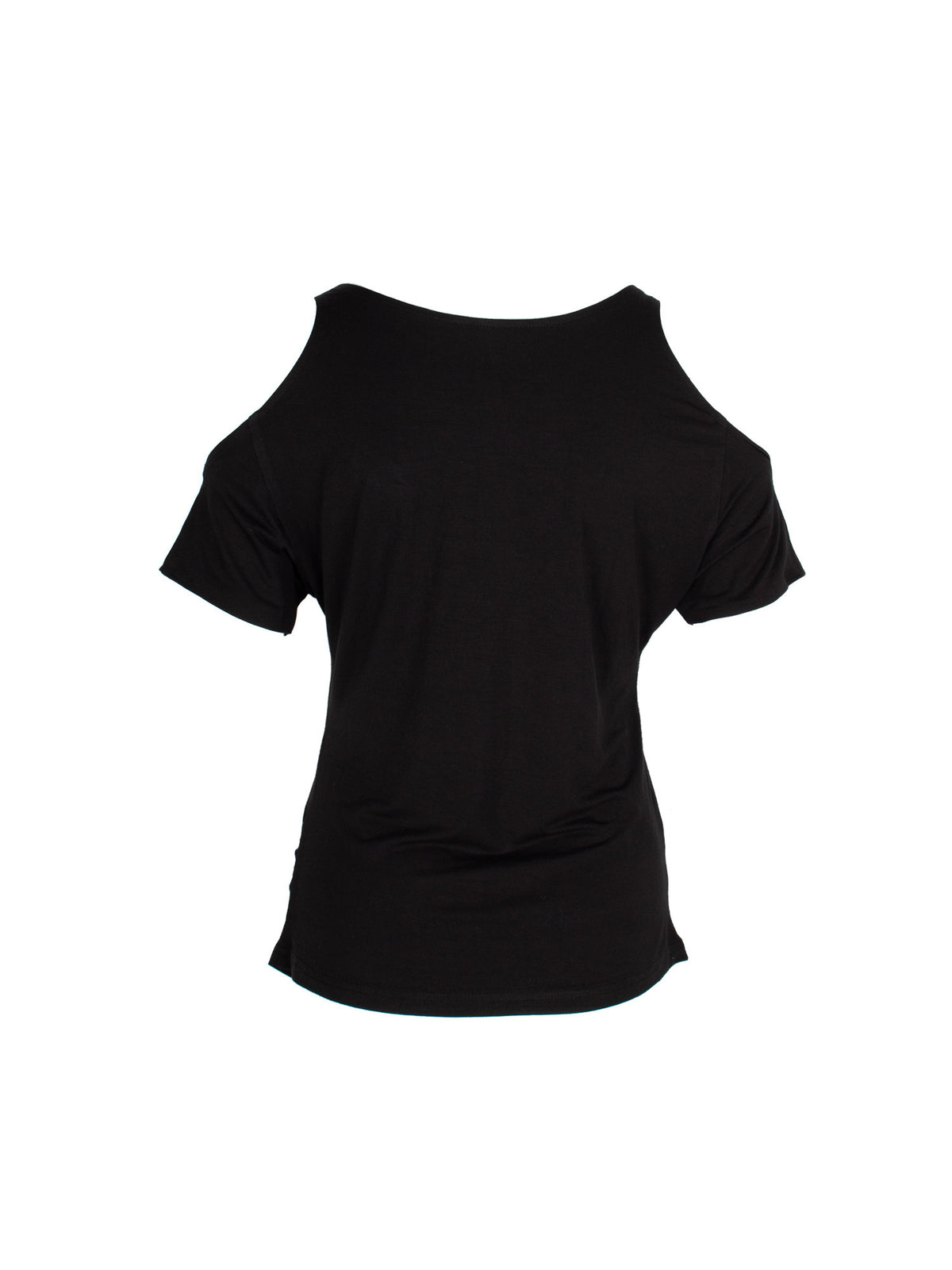 4RE1GN CROSS SCRIPT cold-shoulder tee in black — back garment-only view showing the plain back and shoulder cutouts