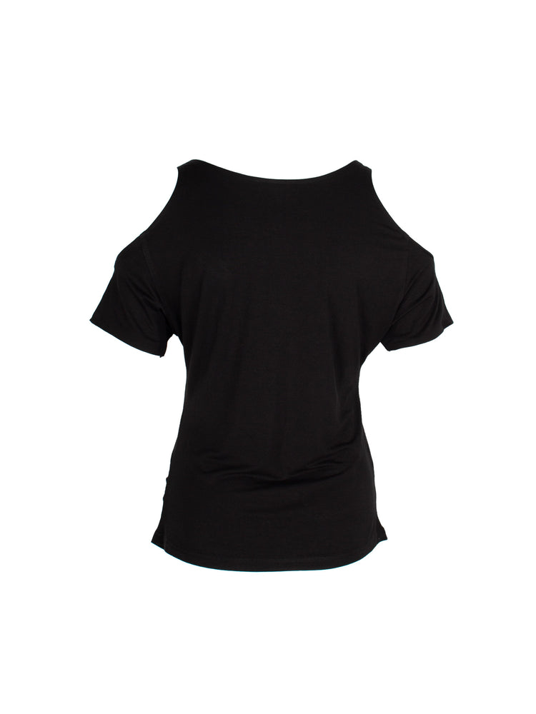 4RE1GN CROSS SCRIPT cold-shoulder tee in black — back garment-only view showing the plain back and shoulder cutouts