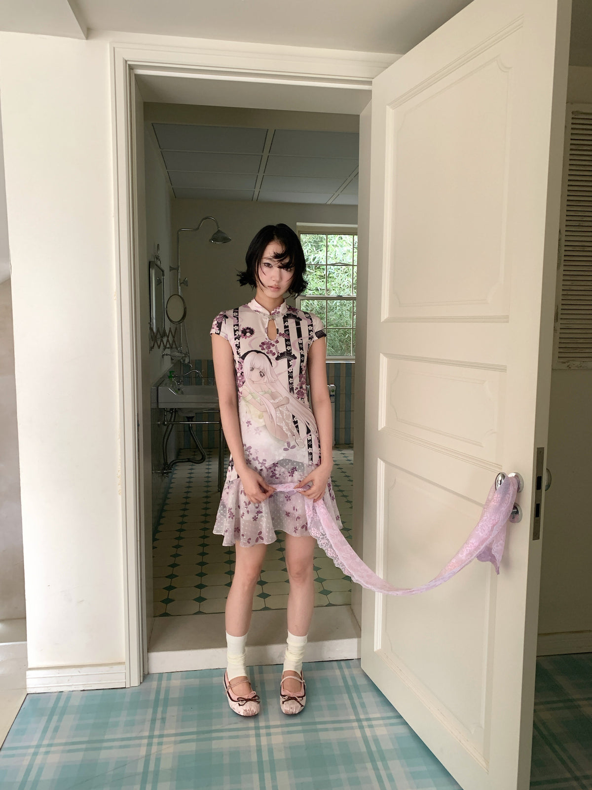 4RE1GN PURPLE MOOD mandarin-collar dress in multicolor — front modeled view holding a scarf