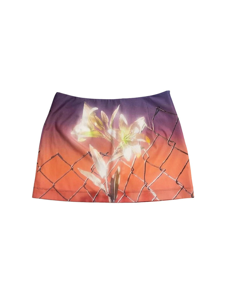 NEXT PASSPORT surreal floral-print mini skort, LILIES IN WIRE flat lay