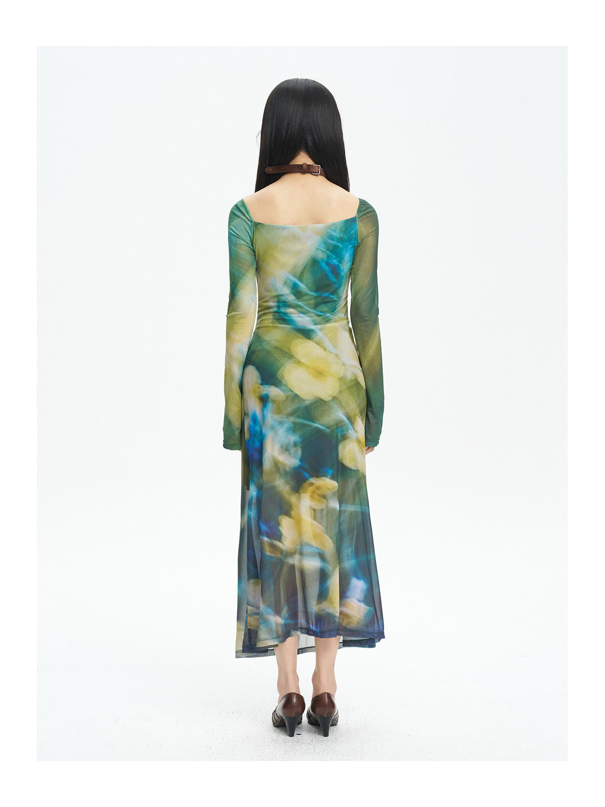 NEXT PASSPORT water-flower print mesh long-sleeve dress — rear studio view