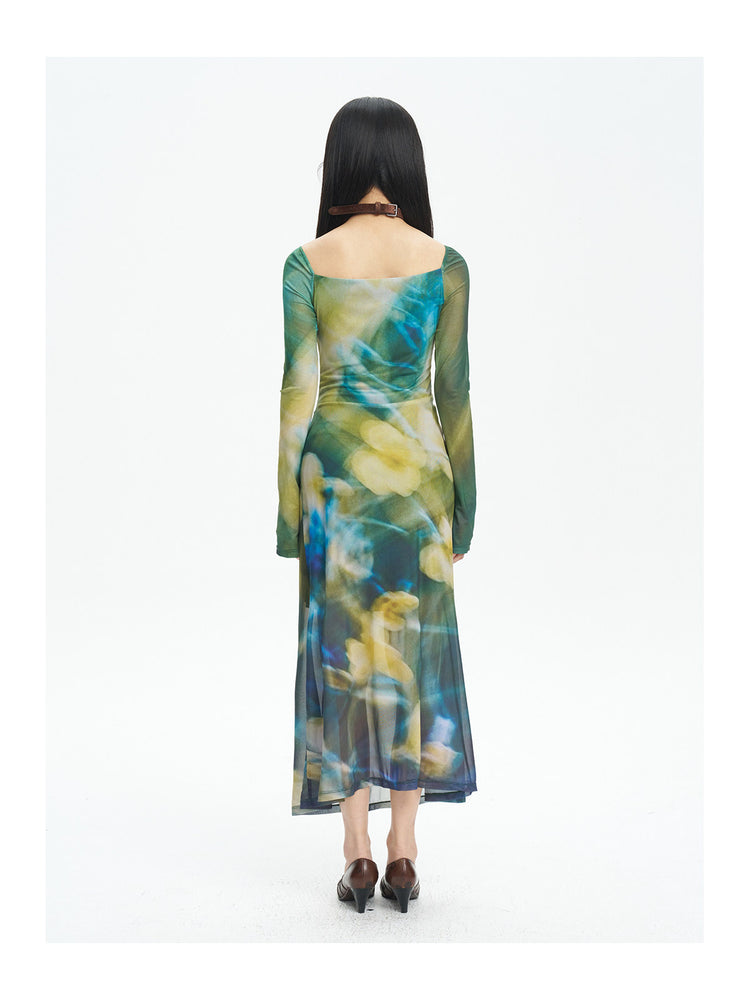 NEXT PASSPORT water-flower print mesh long-sleeve dress — rear studio view
