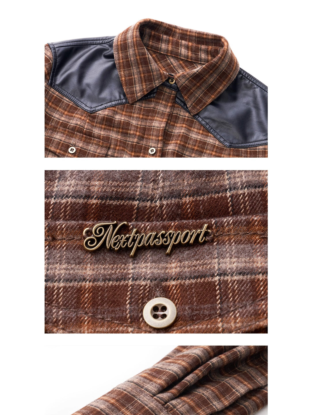 NEXT PASSPORT brown faux-leather plaid shirt — collar, logo and fabric detail views