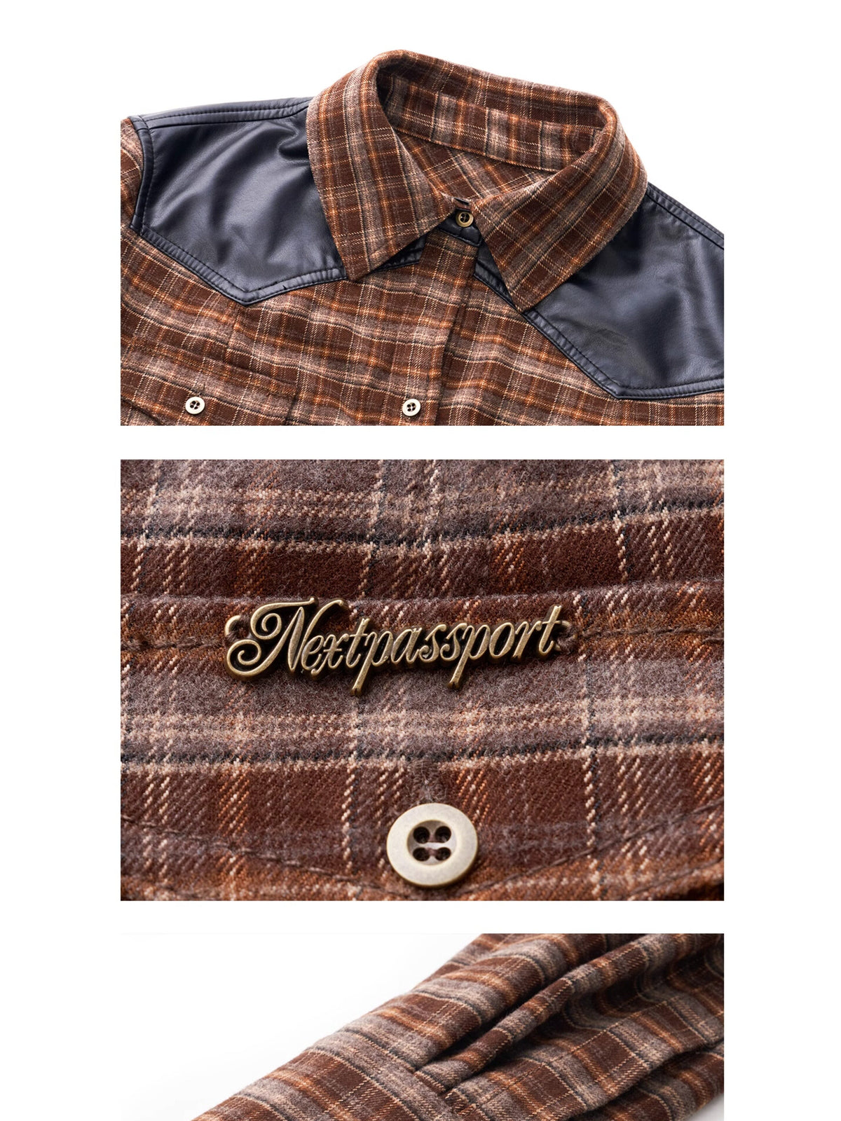 NEXT PASSPORT brown faux-leather plaid shirt — collar, logo and fabric detail views