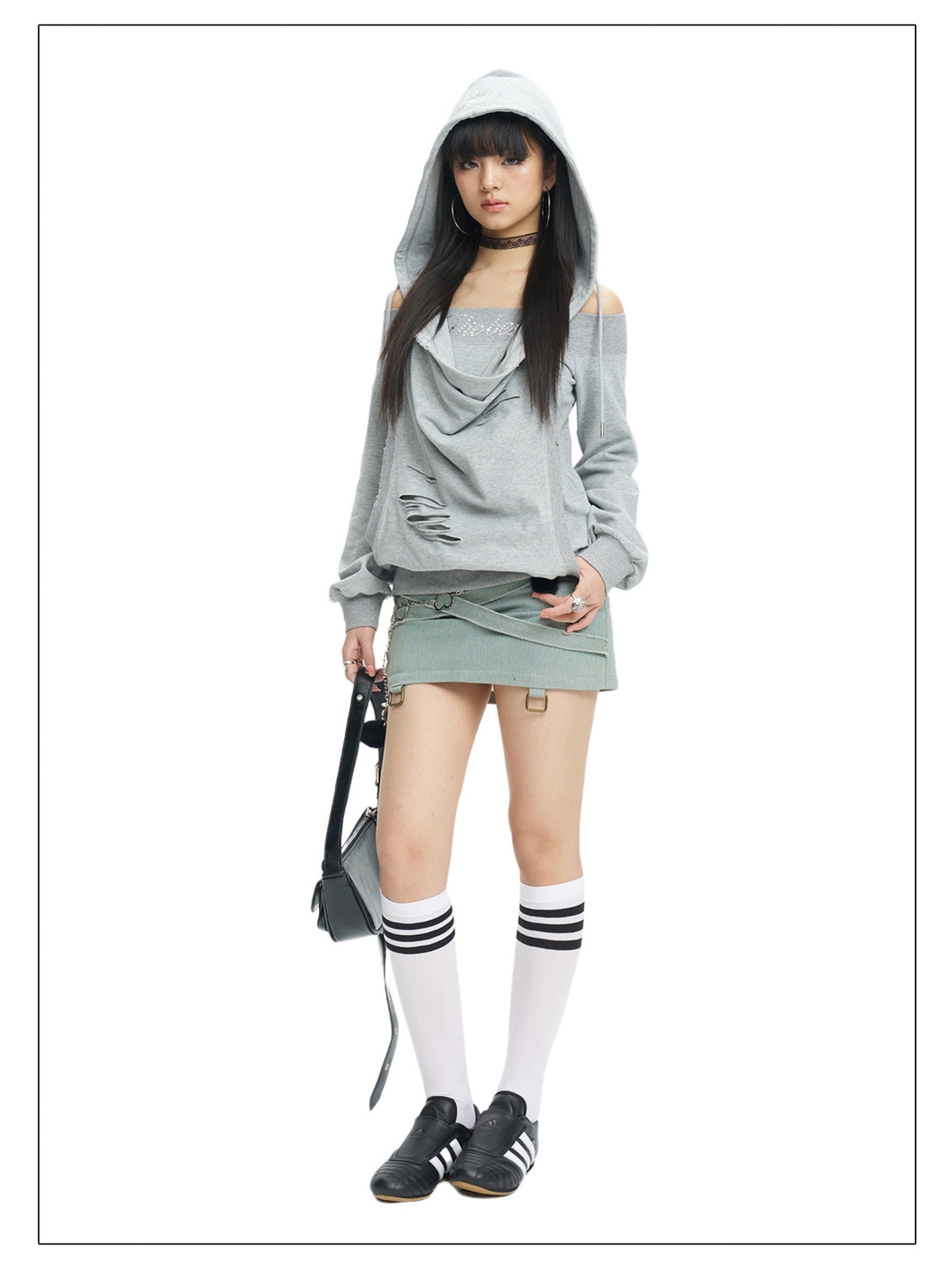 Front full-length white-background view of the gray layered hoodie