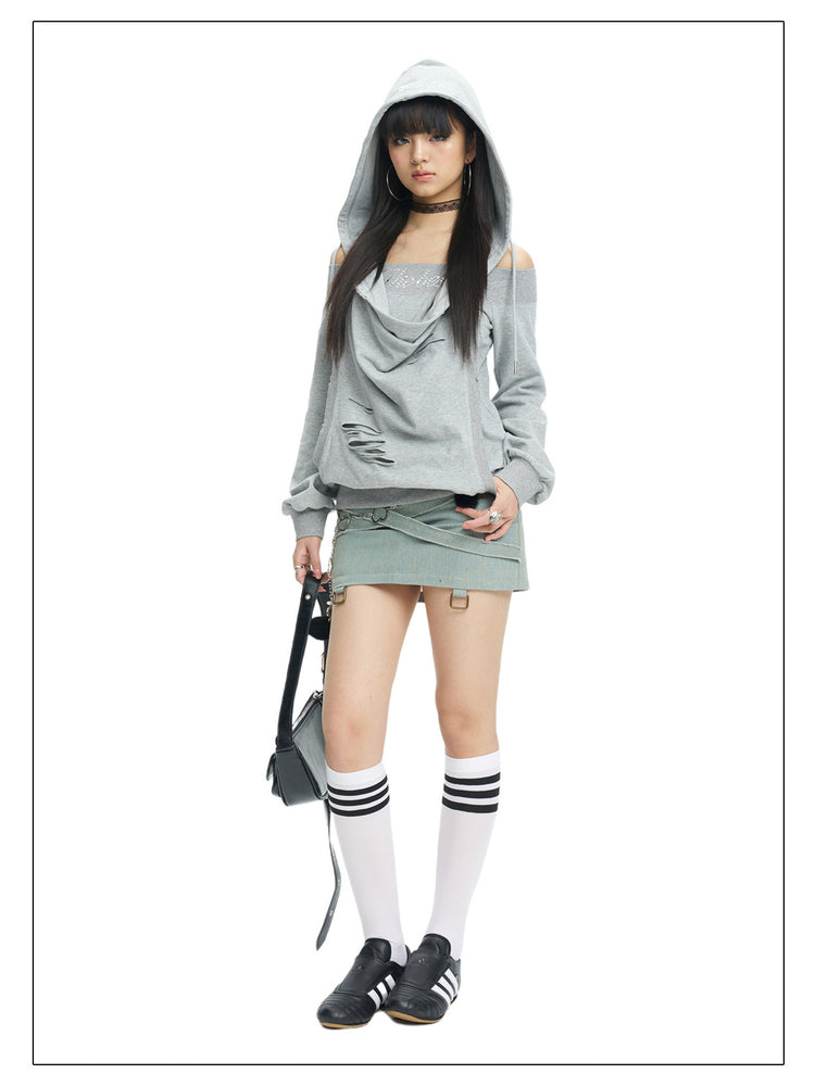 Front full-length white-background view of the gray layered hoodie