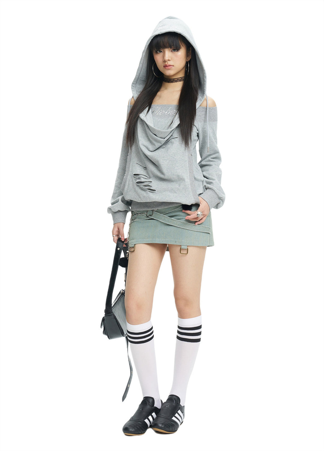 Front full-length white-background view of the gray layered hoodie