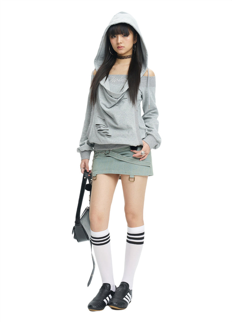 Front full-length white-background view of the gray layered hoodie