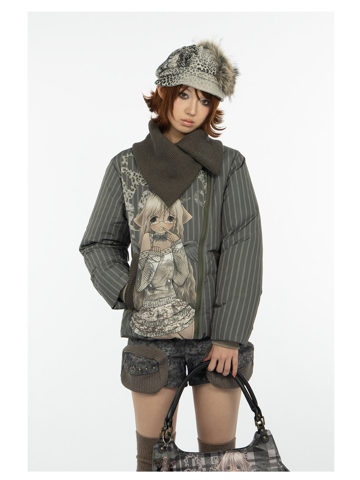 4RE1GN COMIC STRIPE asymmetric-collar down jacket in olive green — close front modeled view with arms relaxed