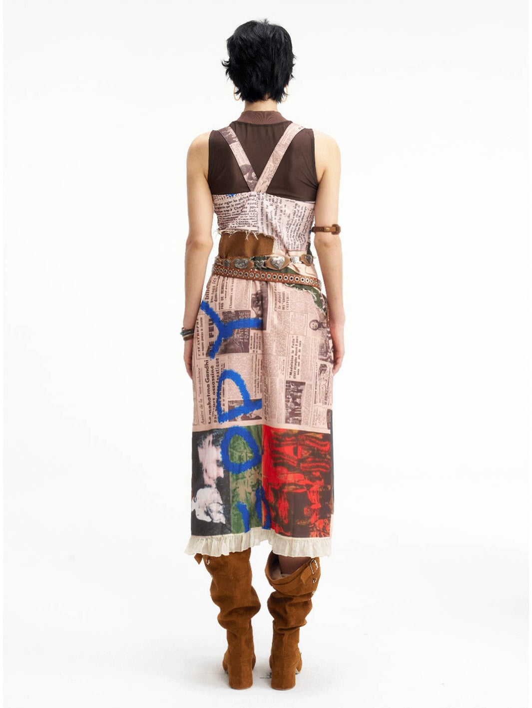NEXT PASSPORT newspaper-print slit suspender dress — alternate back full-length view.