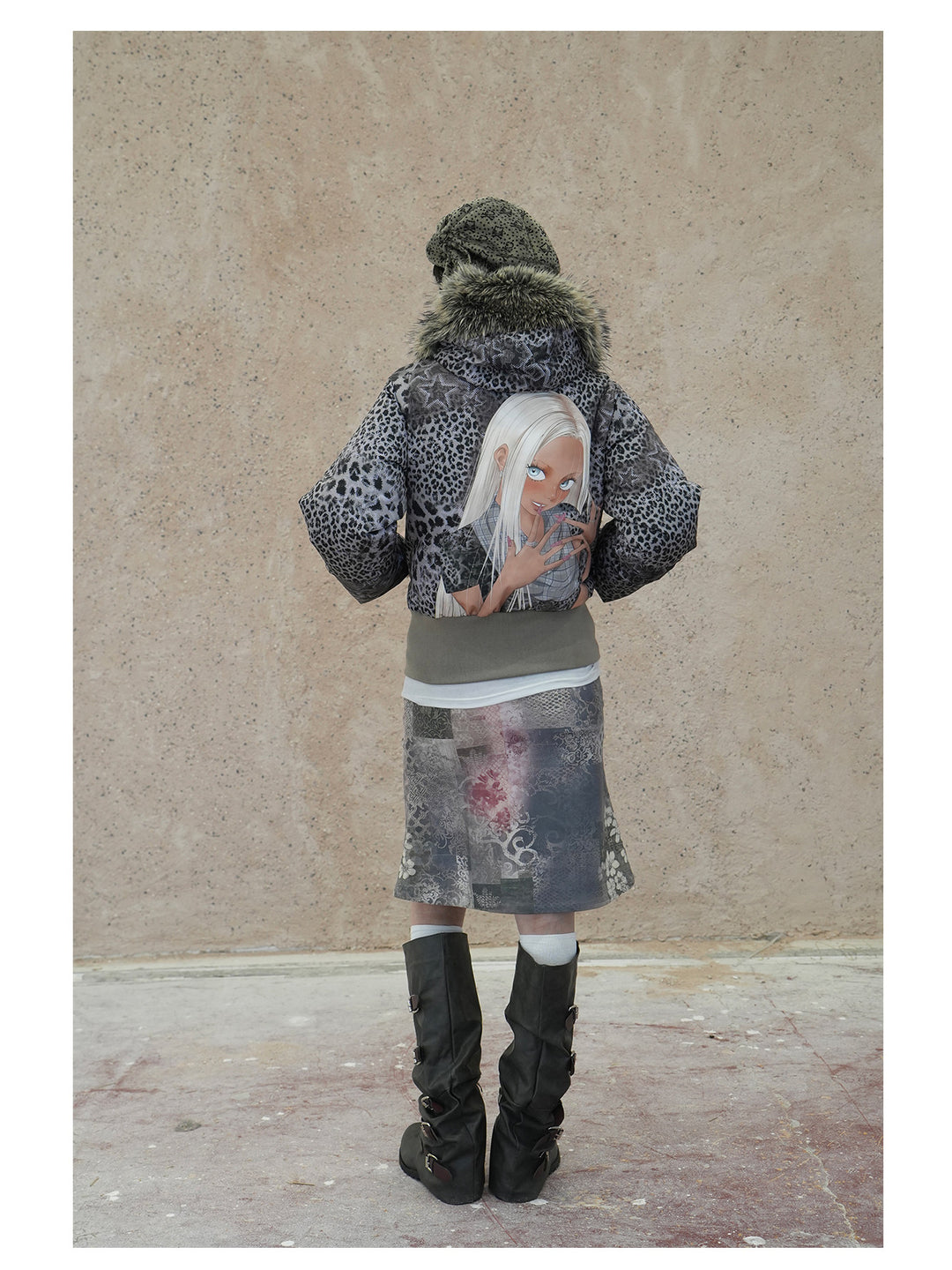4RE1GN NAILS DONE leopard graphic down jacket in gray multicolor — full-length back modeled view showing the rear graphic
