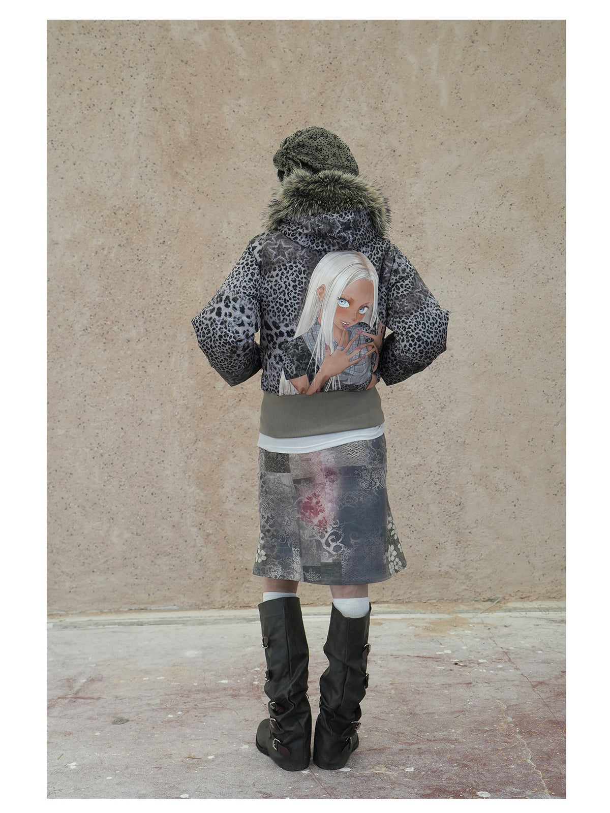 4RE1GN NAILS DONE leopard graphic down jacket in gray multicolor — full-length back modeled view showing the rear graphic