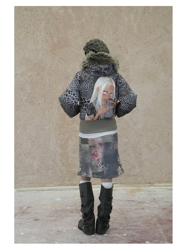 4RE1GN NAILS DONE leopard graphic down jacket in gray multicolor — full-length back modeled view showing the rear graphic
