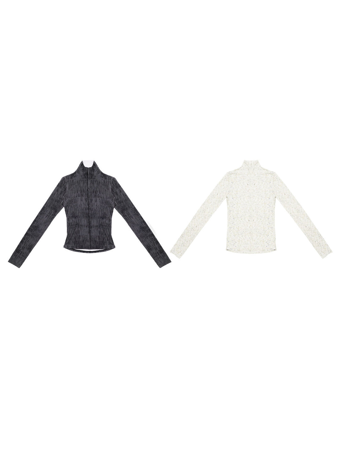 NEXT PASSPORT dark gray and ivory fitted mock-neck long-sleeve tees flat-lay views.