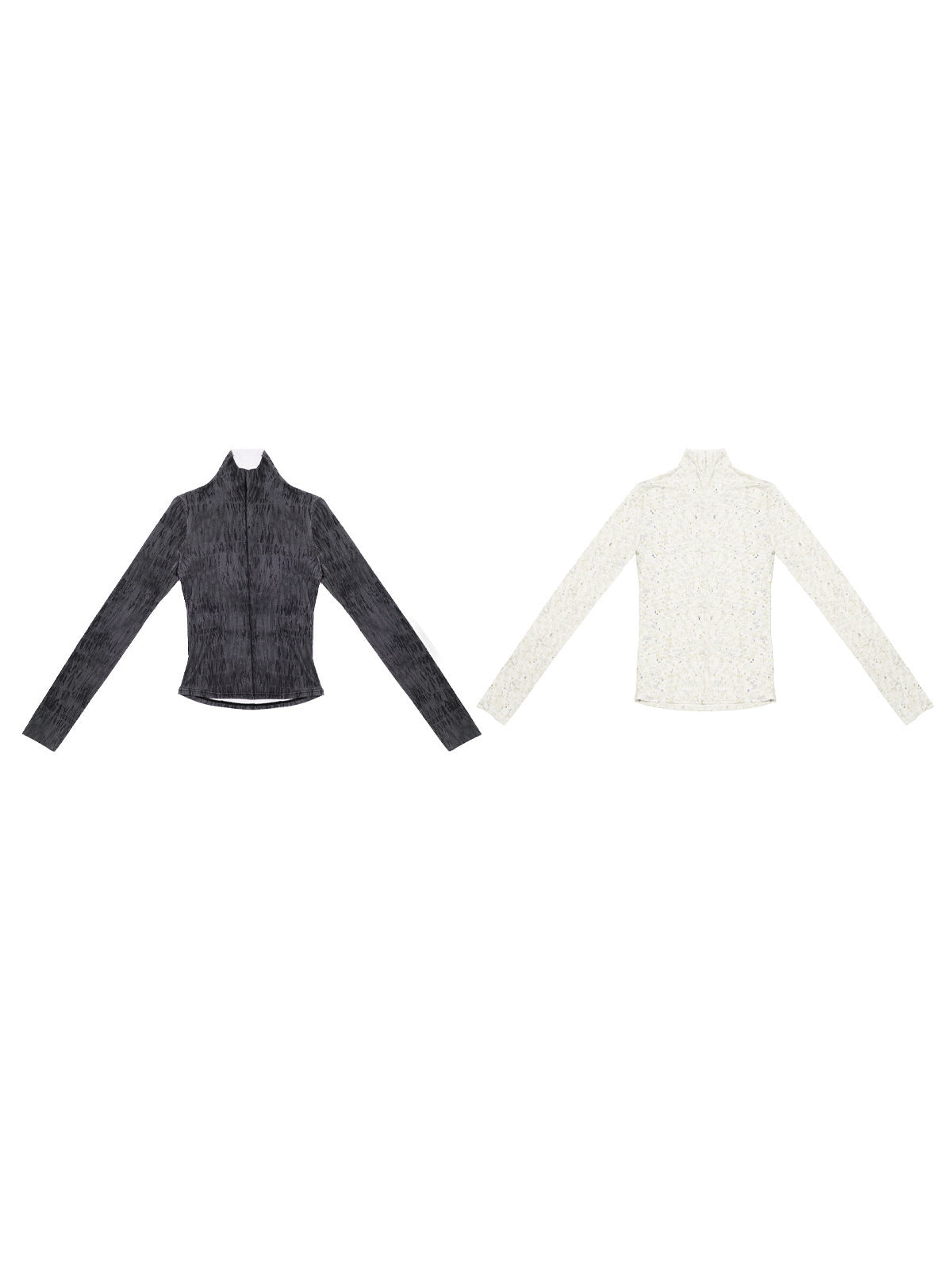 NEXT PASSPORT dark gray and ivory fitted mock-neck long-sleeve tees flat-lay views.