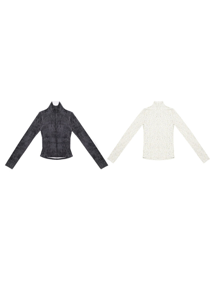 NEXT PASSPORT dark gray and ivory fitted mock-neck long-sleeve tees flat-lay views.