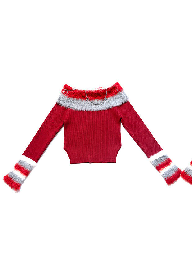 Next Passport red faux-fur collar knit pullover front product view
