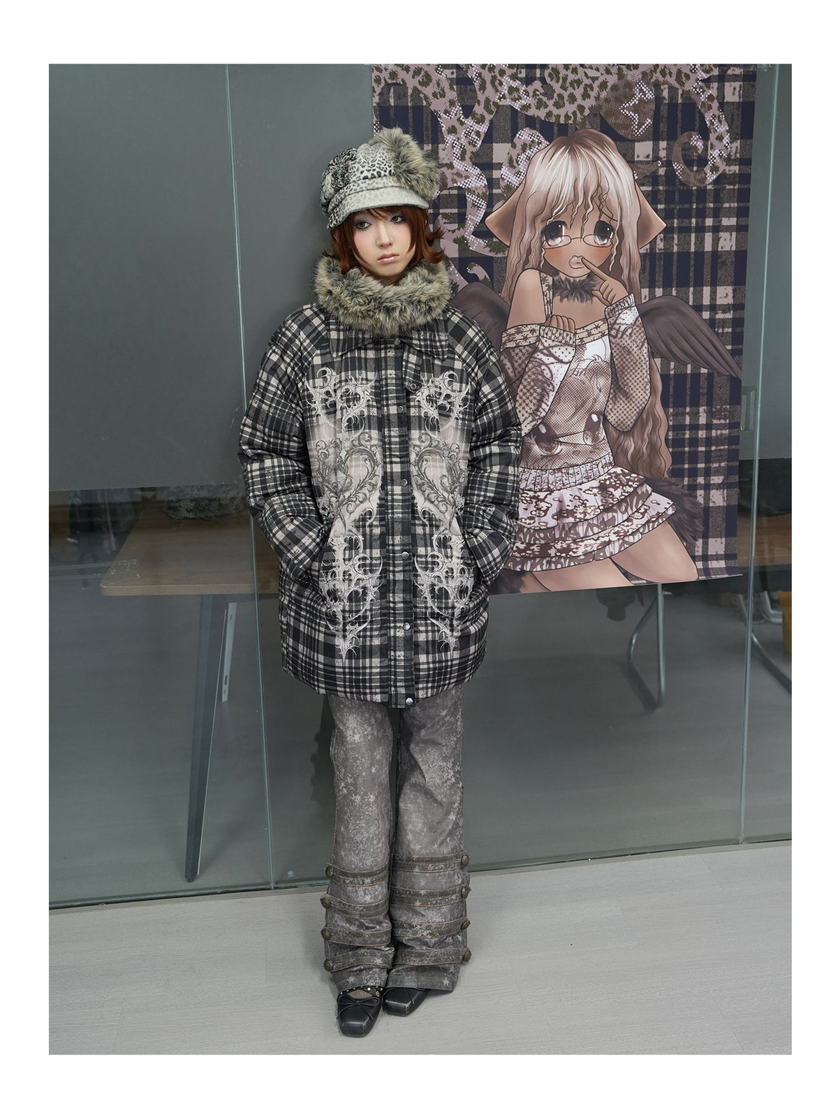 4RE1GN BEARHEART plaid long down coat in brown multicolor — front modeled view beside an illustrated backdrop
