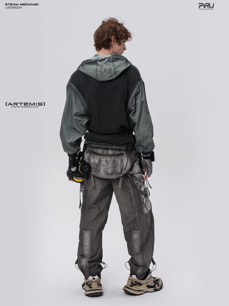 PIONEER detachable-hood mesh hoodie in moon shadow blue, rear three-quarter full-body view of the mesh back