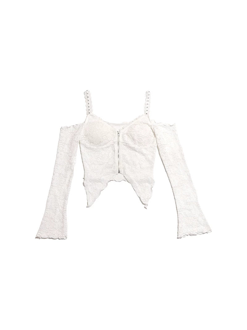 NEXT PASSPORT white lace off-shoulder zip crop top — white garment flat lay