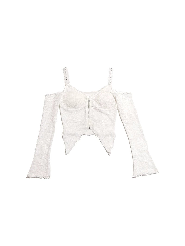 NEXT PASSPORT white lace off-shoulder zip crop top — white garment flat lay