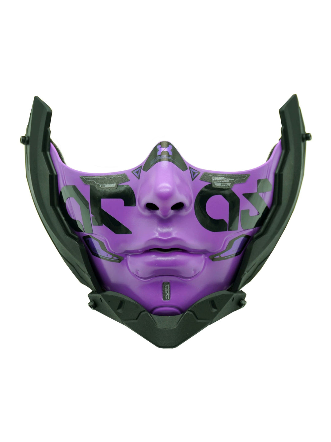 FOCKSHOP sharp-chin mask — purple 1a solo front view showing the sculpted face, frame and pointed chin.