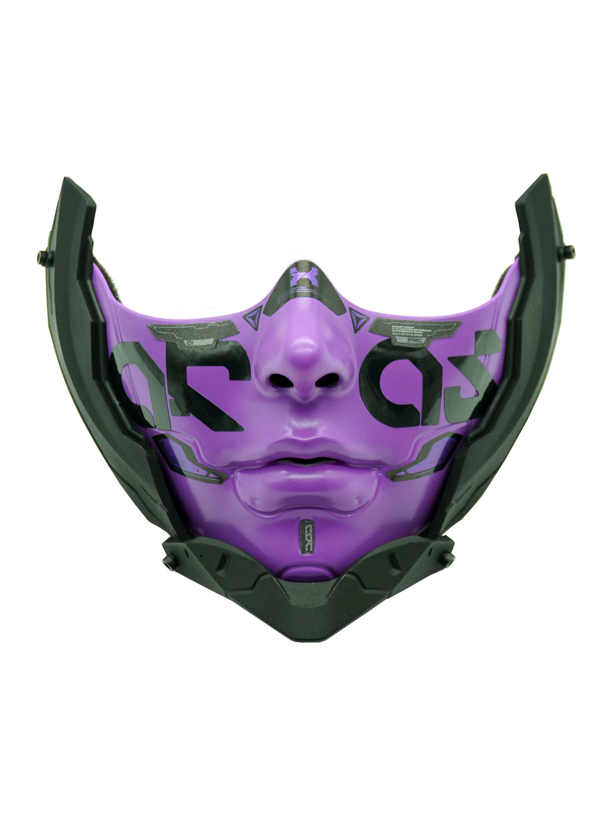 FOCKSHOP sharp-chin mask — purple 1a solo front view showing the sculpted face, frame and pointed chin.